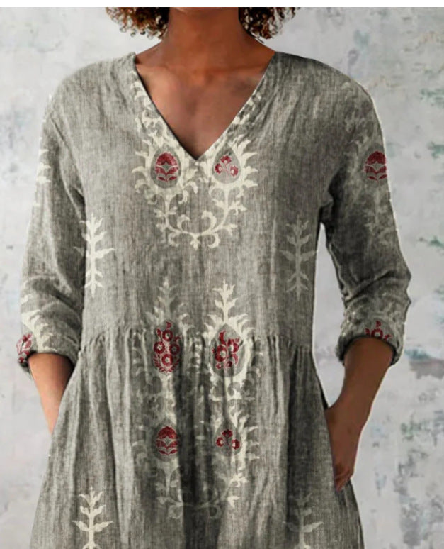 Womens 3D Printed Loose V-Neck Short Sleeve Dress