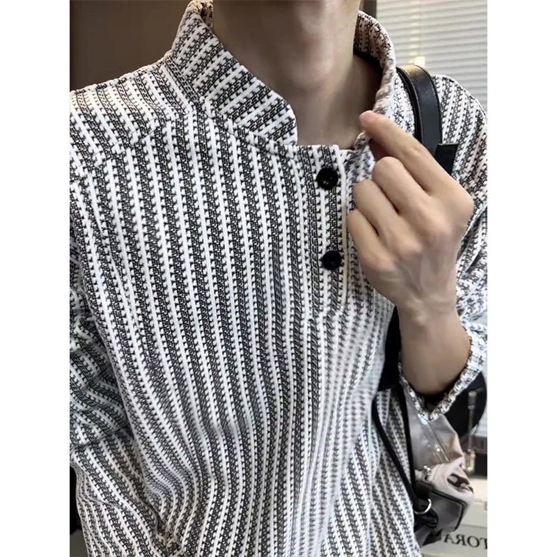Fishbone Pattern American Henry Collar Long-Sleeved T-Shirt Men's Autum Design Stripesd Sweatshirt Small Fragrant Style Stand-Up Collar Jacket