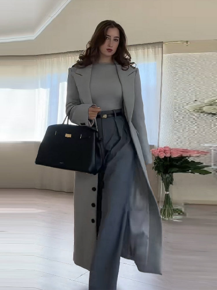 spring new lapel solid color single-breasted slim long coat