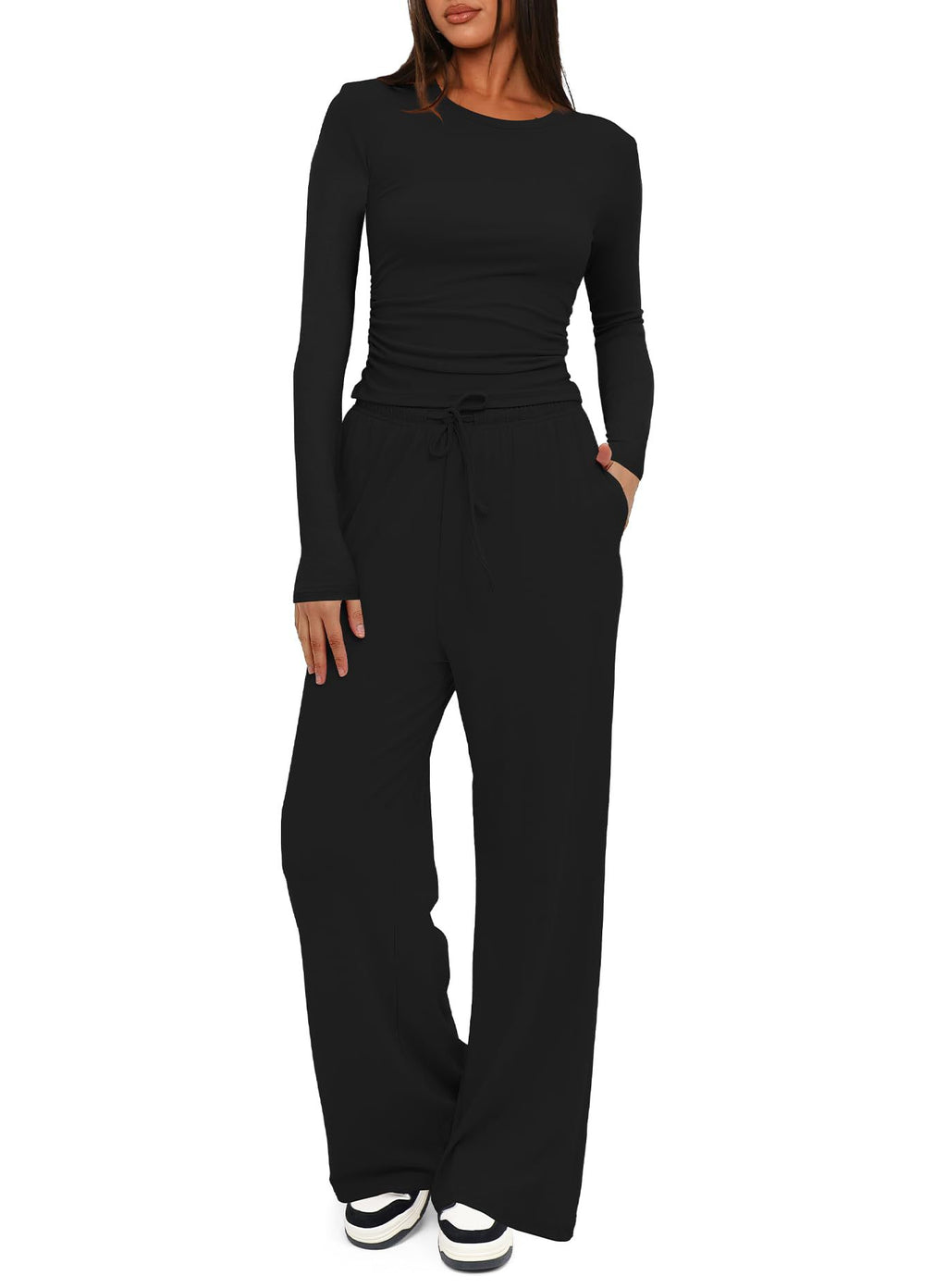 Solid Color Long Sleeve Top and High Waisted Wide Leg Pants Sportswear Set