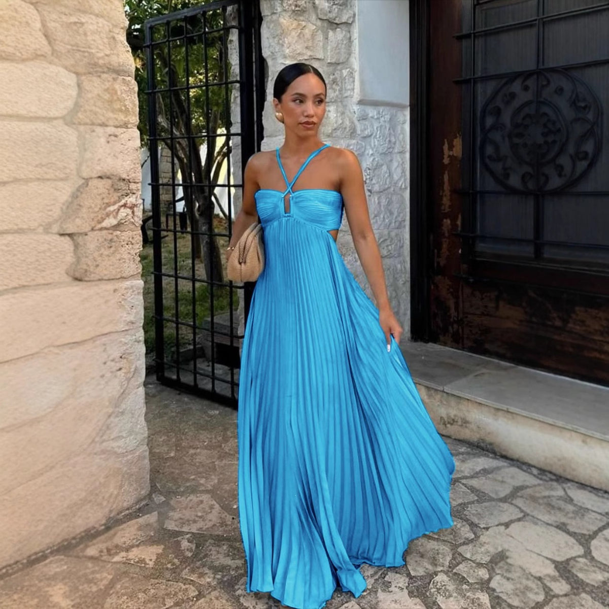 Solid Color Pleated Sleeveless Strap Dress