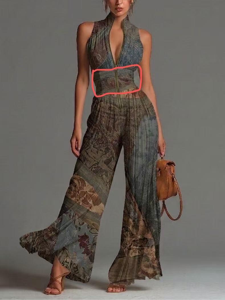 Womens Halter Neck Pleated Wide Leg Jumpsuit
