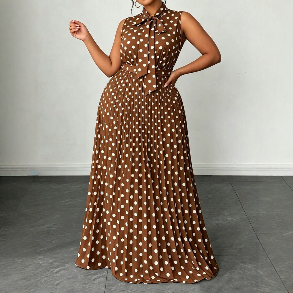 Polka Dot Sleeveless Tie-Up Mid-Length Dress