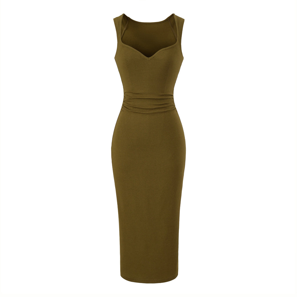 V-neck pleated dress with wide straps