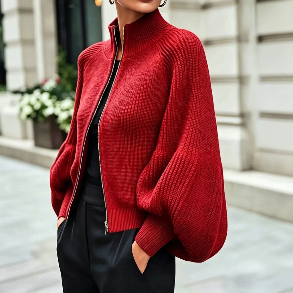 Women's Textured Knit Stand Collar Balloon Sleeve Cardigan