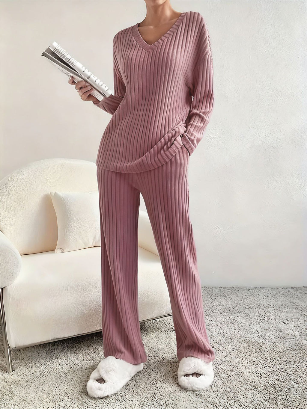 Women's V-Neck Ribbed Knit Two-Piece Set