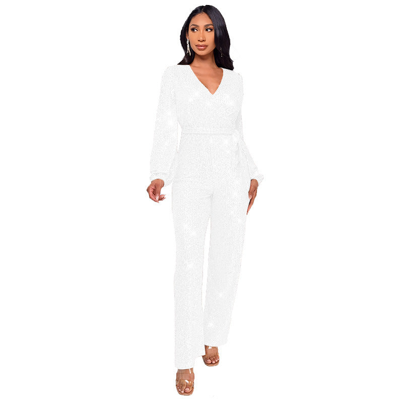 Women's Long Sleeve Deep V Neck Jumpsuit with Sequined Belt