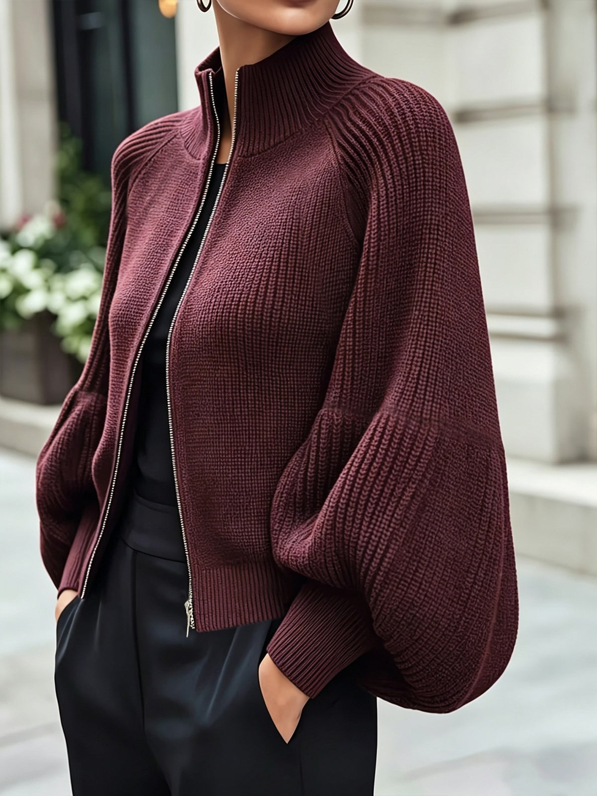 Women's Textured Knit Stand Collar Balloon Sleeve Cardigan