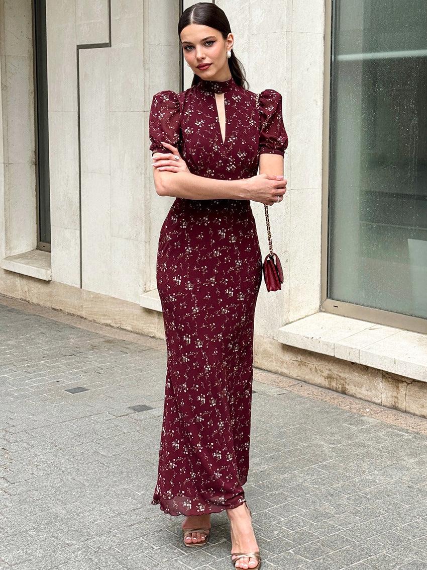 Women's Floral Print Deep V-Neck High-Waist Long Dress