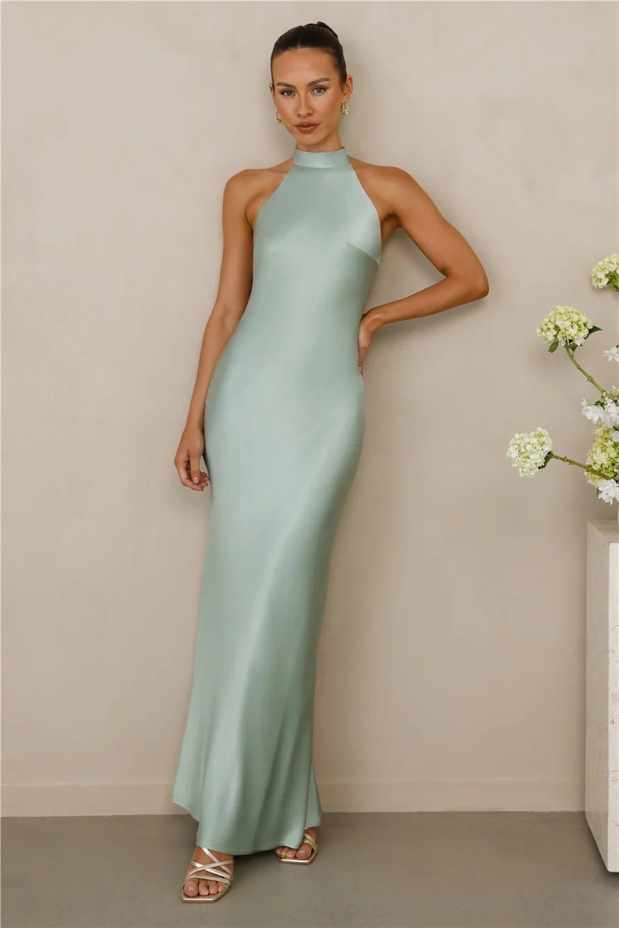 Women Satin Halter Neck Tie Slim Fit Long Dress