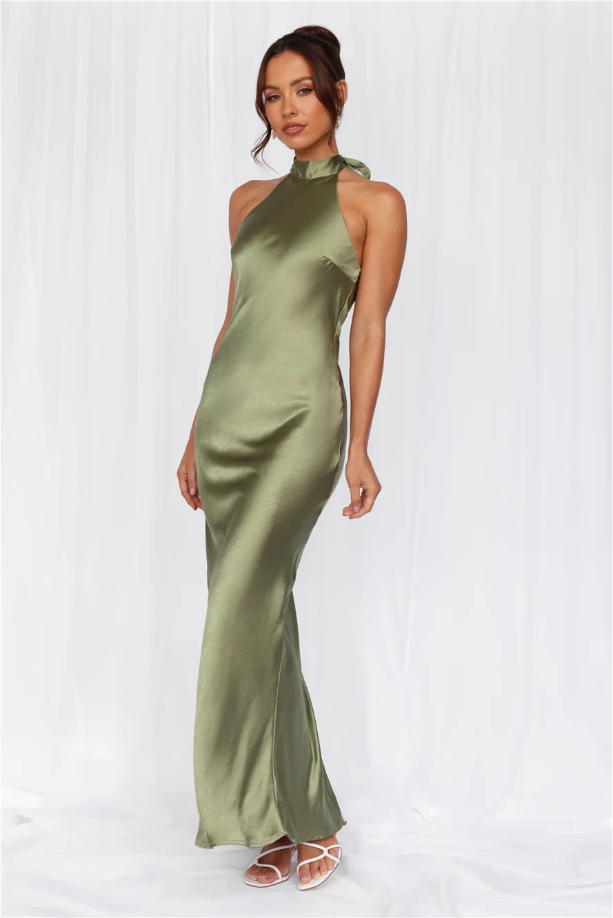 Women Satin Halter Neck Tie Slim Fit Long Dress