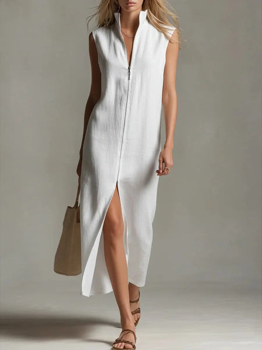 Sleeveless Zip-Up Stand Collar Casual Dress