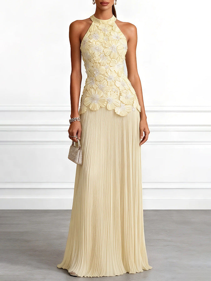 Women Halter Neck Sleeveless Pleated Dress Solid Color Long Maxi Dress