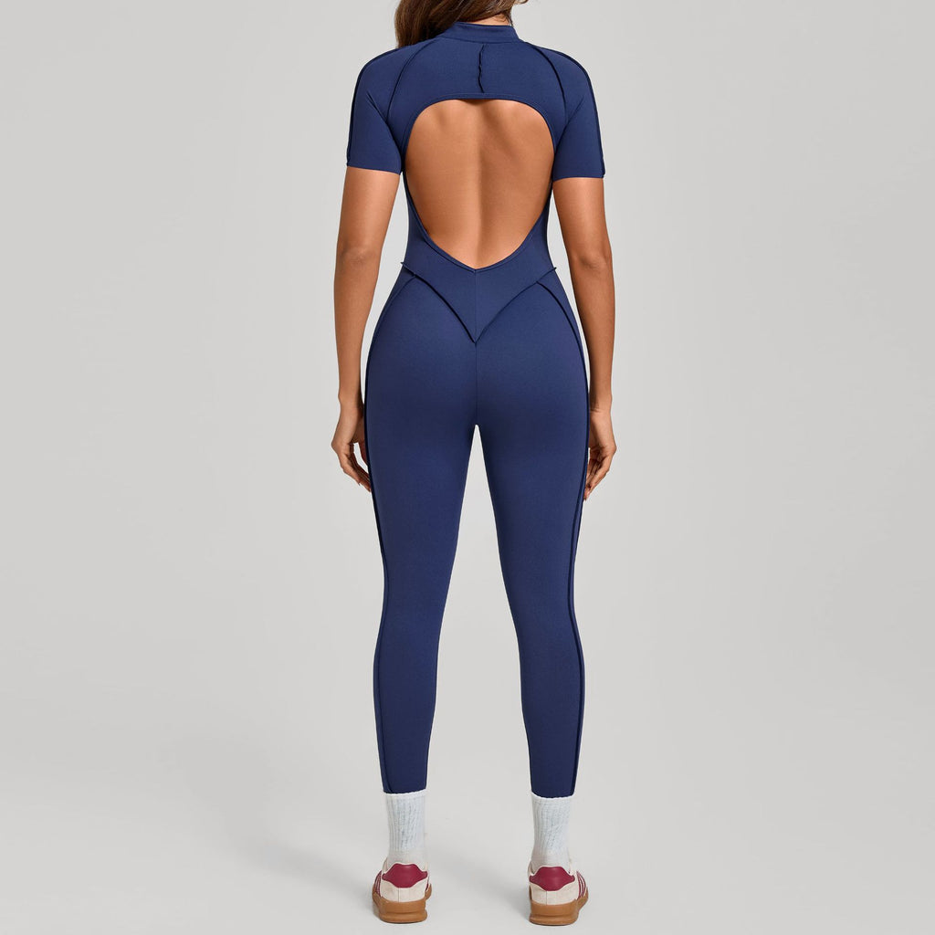 Stand-Up Collar Half-Zip Short-Sleeve Jumpsuit