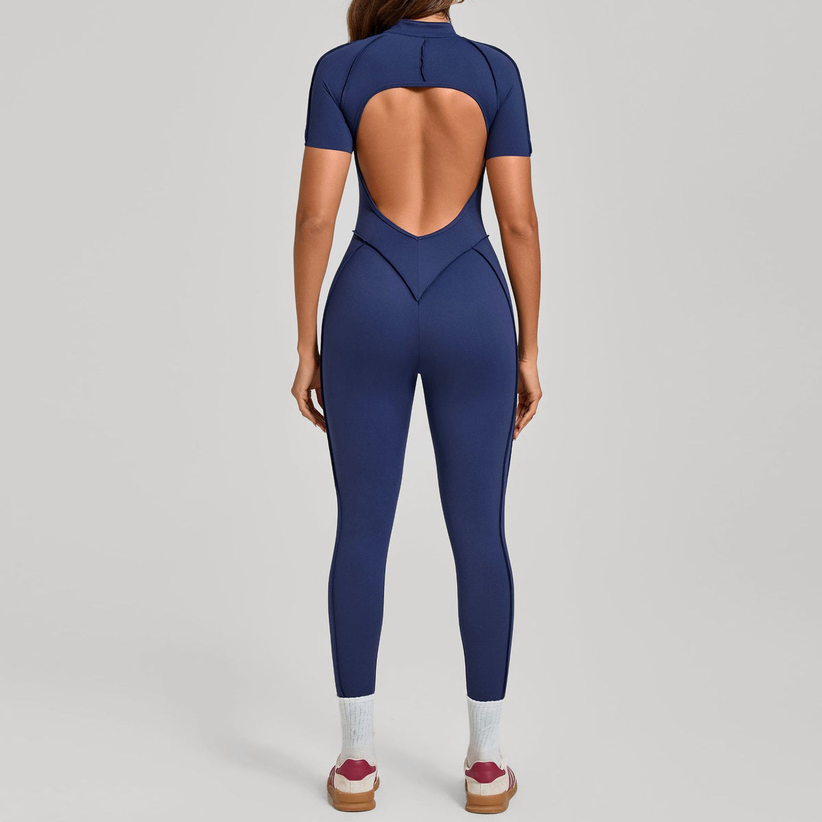 Stand-Up Collar Half-Zip Short-Sleeve Jumpsuit
