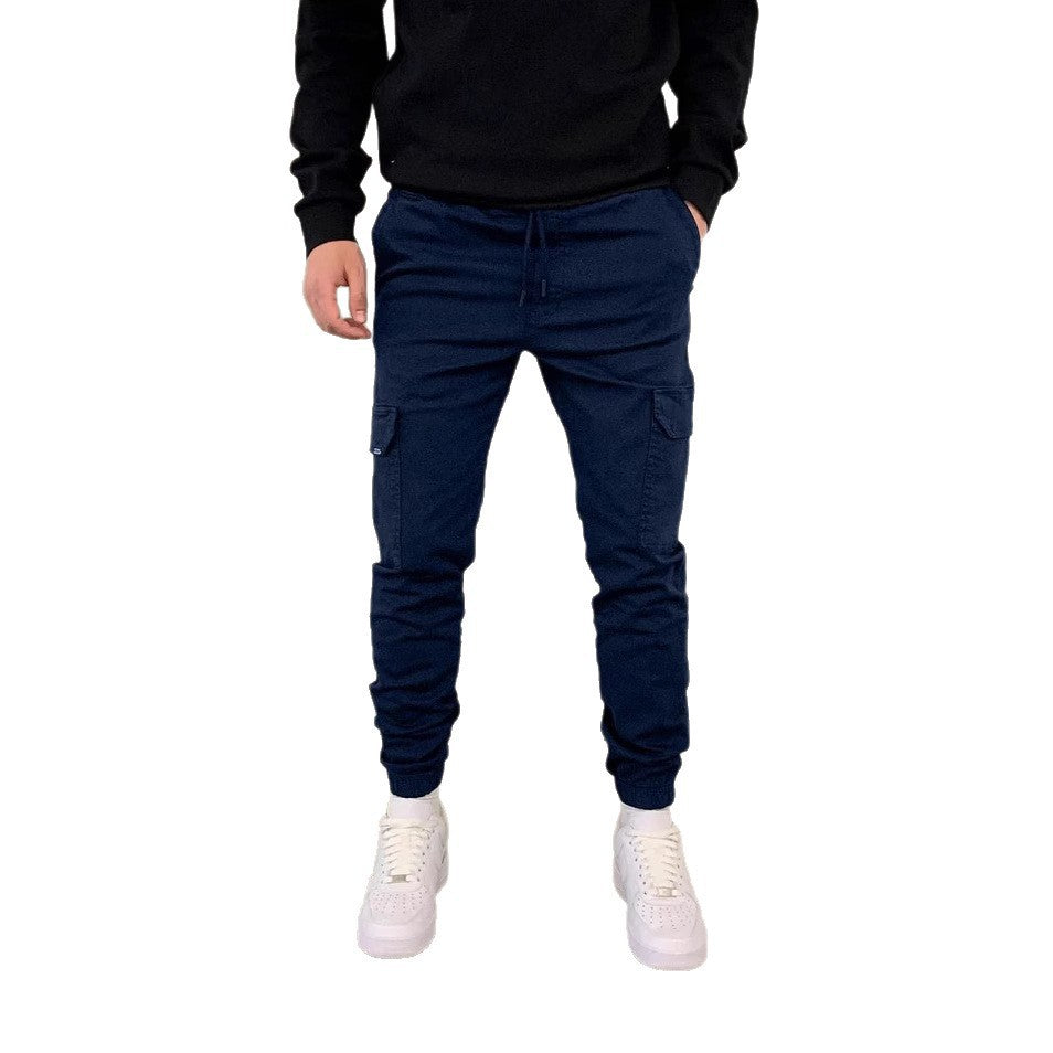 Mens Three-Dimensional Pocket Cargo Pants Elastic Waist Drawstring Loose Fit Casual Trousers