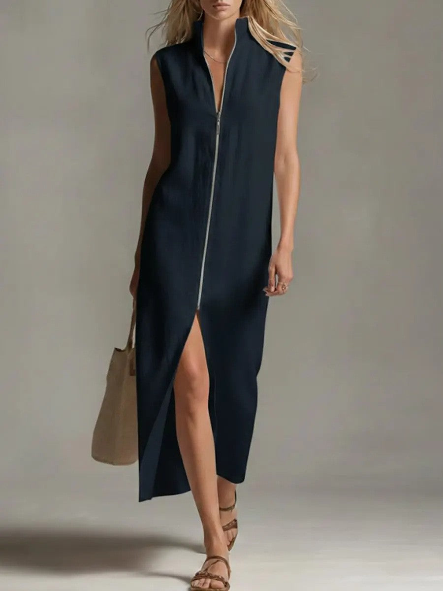 Sleeveless Zip-Up Stand Collar Casual Dress