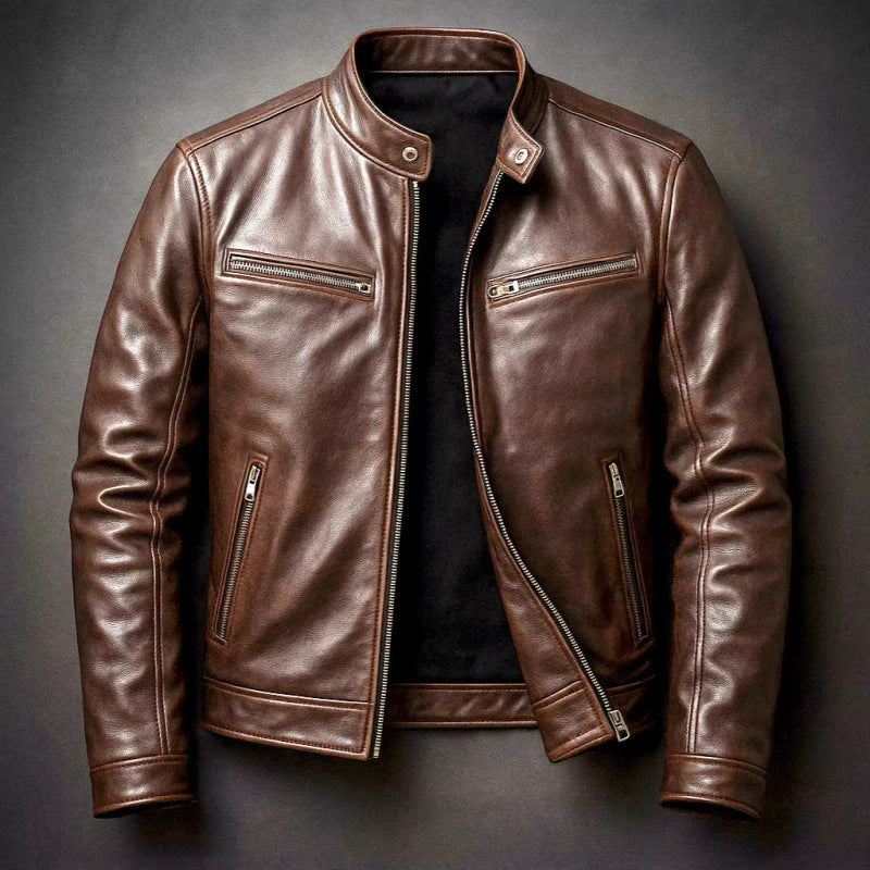 Mens PU Leather Jacket Stand Collar Slim Fit Coat