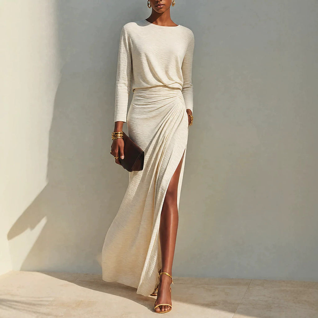 Womens Round Neck Long Sleeve Solid Color High Slit Bodycon Dress