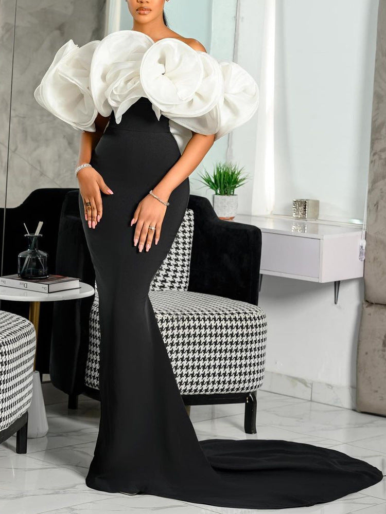 2024 Cross-border Foreign Trade Black Long Dress High Waist Wrap Chest Slim-fit Split Elegant Commuter Large Swing Dress