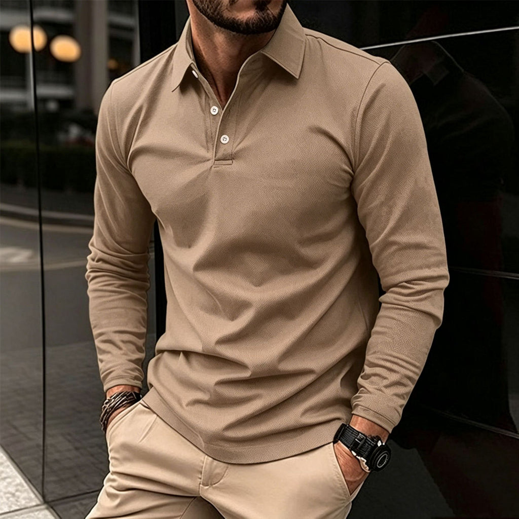 Mens Long Sleeve Solid Color Polo Shirt Casual Cotton Blend Button Down
