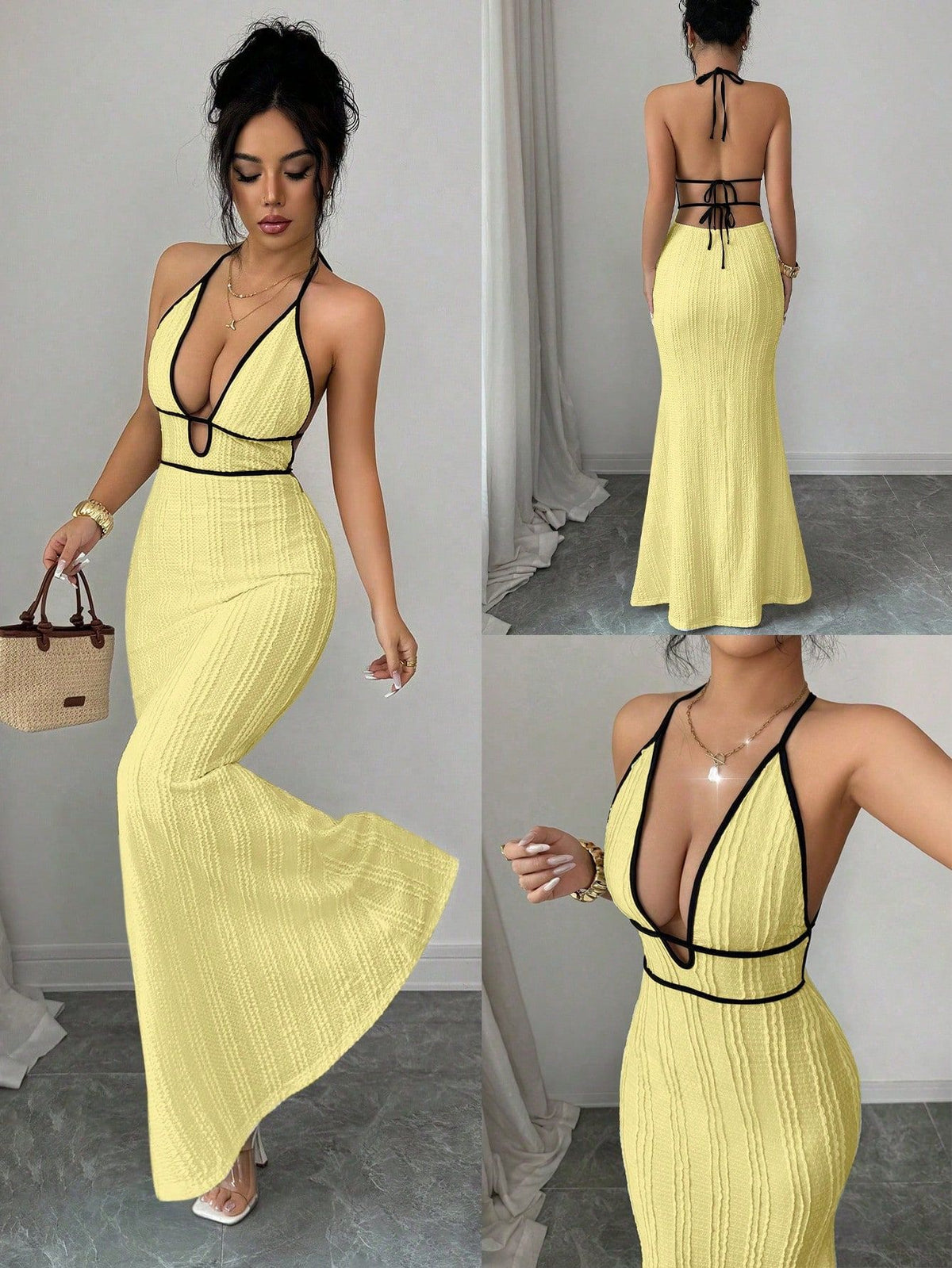 Deep V open-back fitted halter dress
