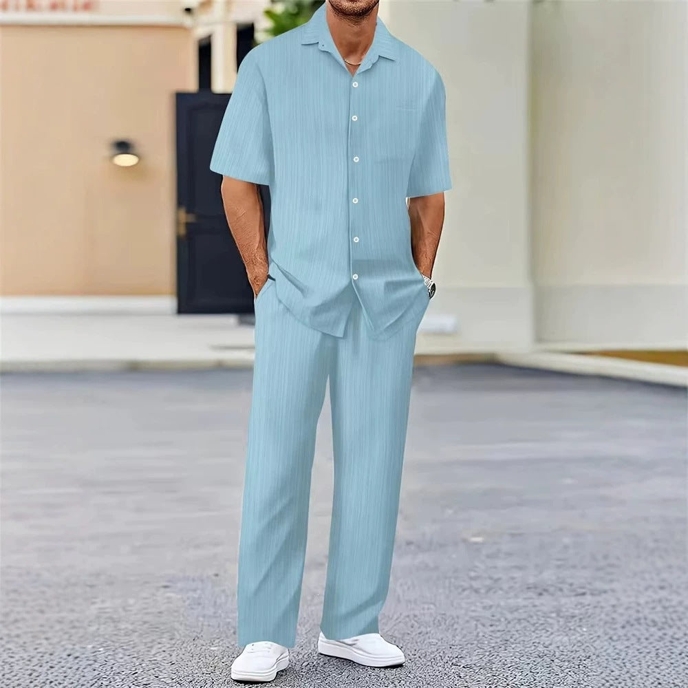 Mens Solid Color Short Sleeve Shirt and Drawstring Long Pants Two Piece Outfit