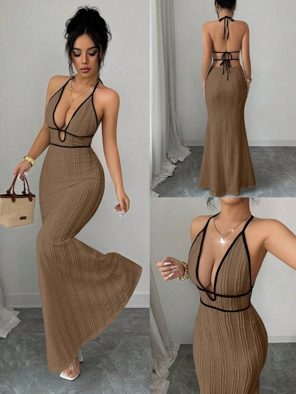 Deep V open-back fitted halter dress
