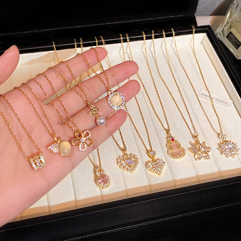 Elegant Titanium Steel Zircon Pearl Pendant Necklace