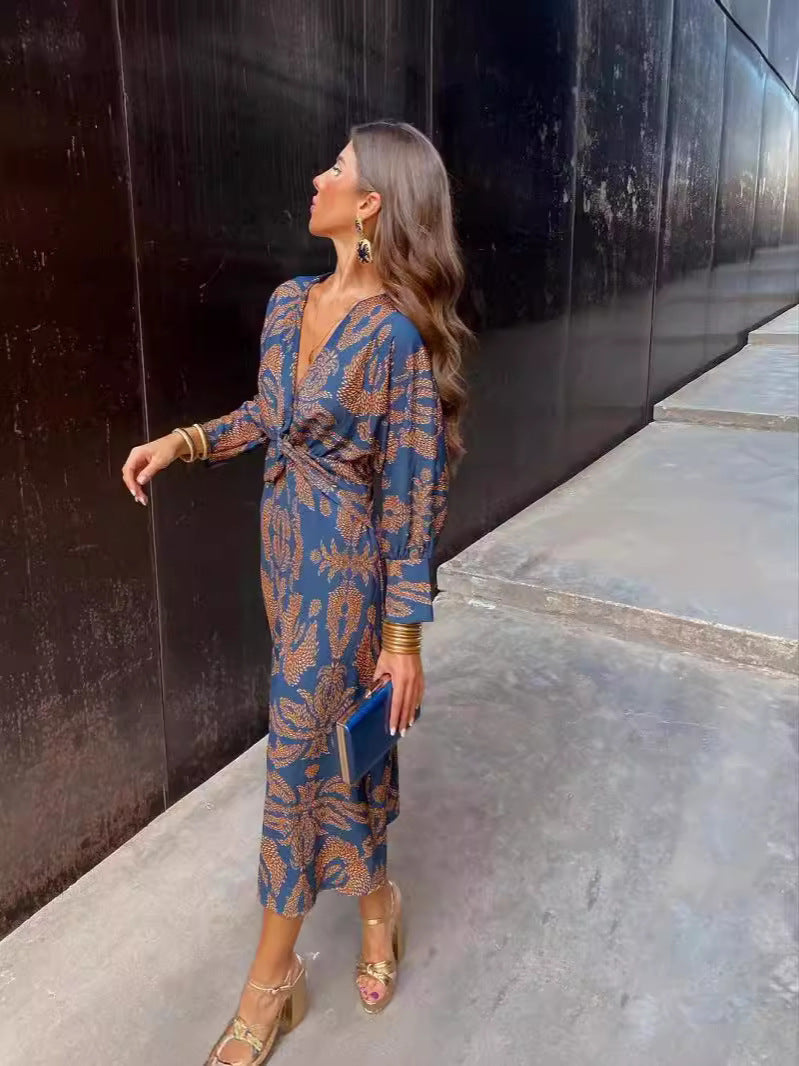 Women's Autumn 3D Printed V-Neck A-Line Mid-Length Dress