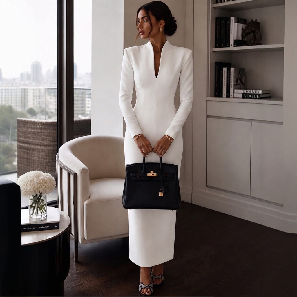 Women's Elegant Stand Collar V-Neck Long Sleeve Bodycon Dress
