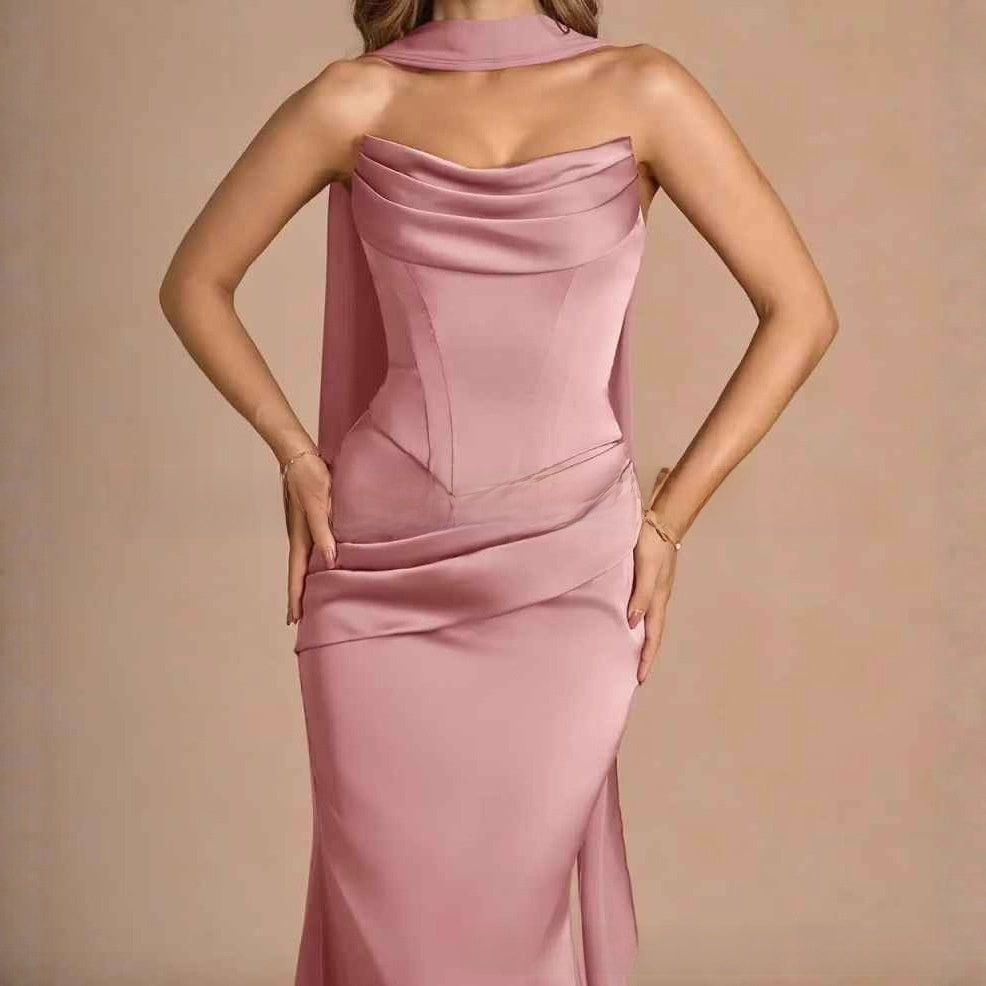 Women's Halter Neck Satin Fishtail Long Evening Dress
