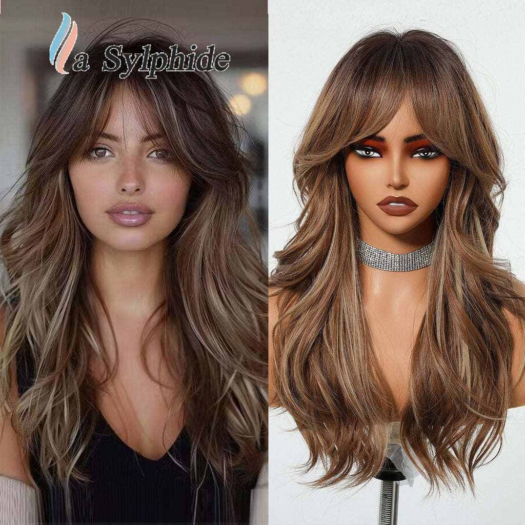 Mid-part wig, fashionable long hair, brown long curly hair, large waves