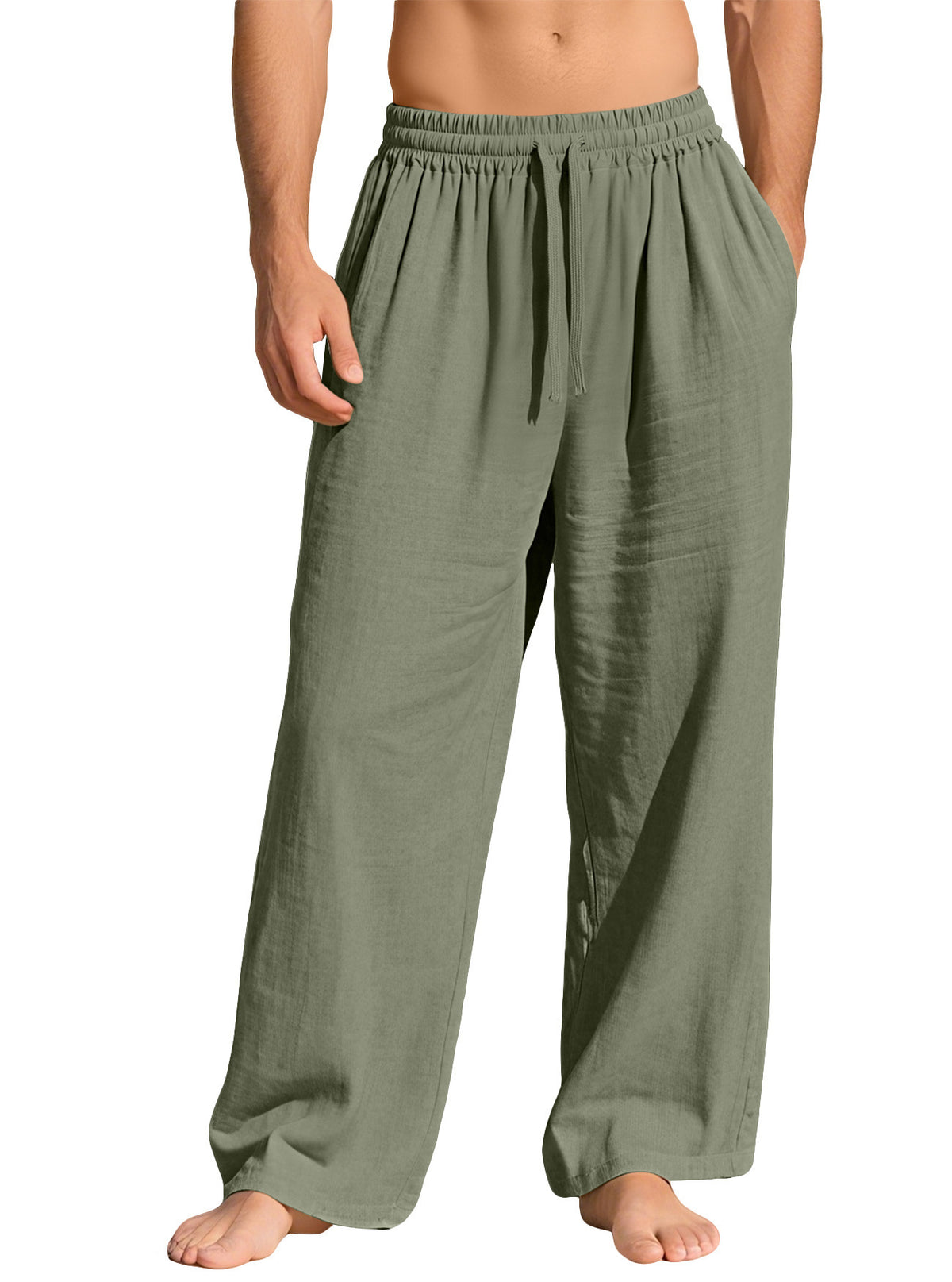 Mens Cotton Linen Loose Fit Drawstring Casual Pants