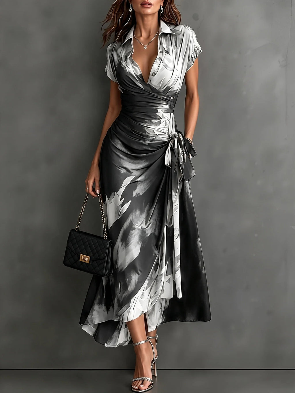 Womens Ink Print Wrap Dress with Collar Short Sleeves High Waist Tie Side Slit