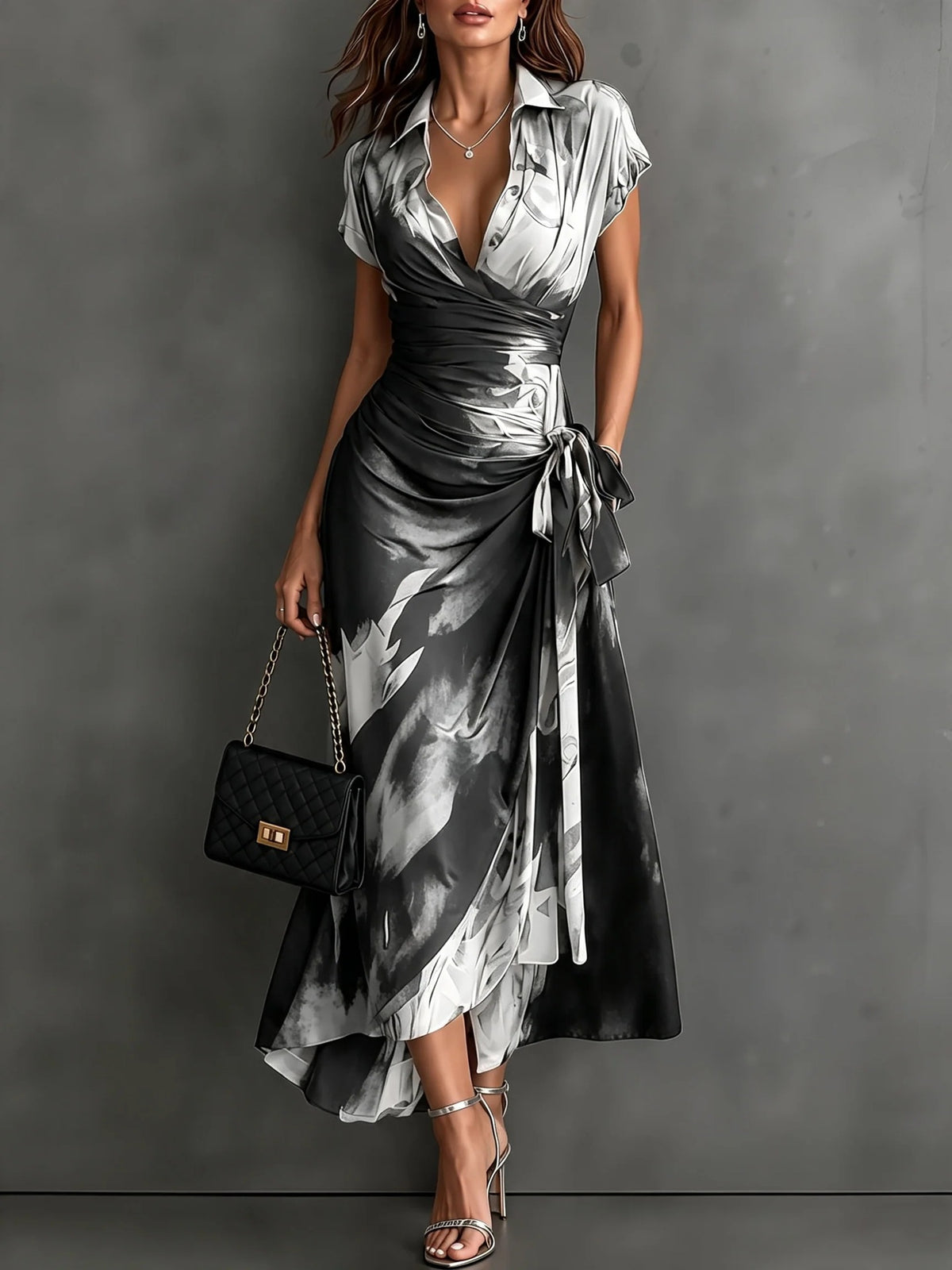 Womens Ink Print Wrap Dress with Collar Short Sleeves High Waist Tie Side Slit