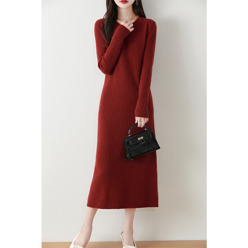 Women's Solid Wool Knitted Maxi Dress Round Neck Slim Fit Long Sleeve