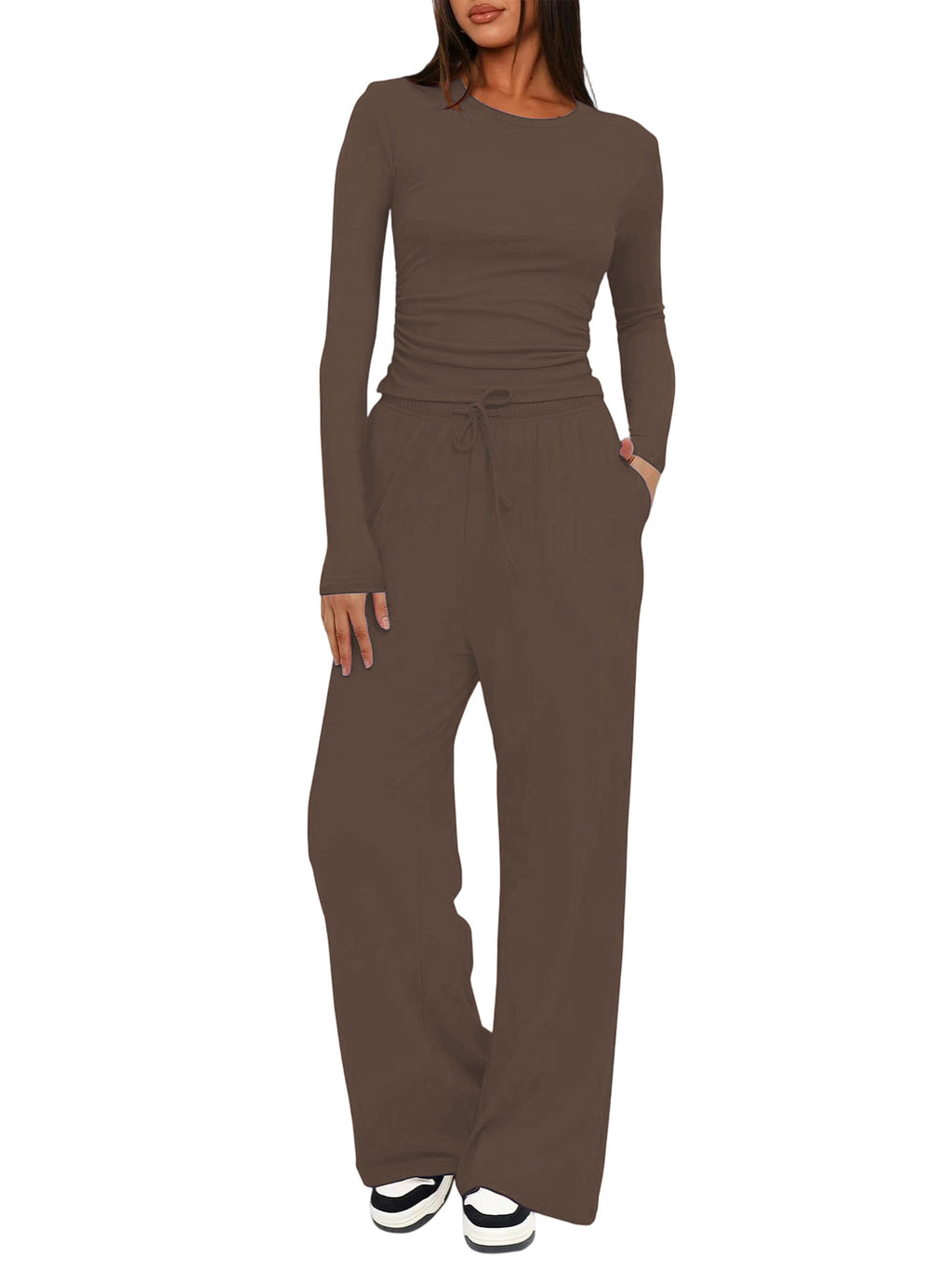 Solid Color Long Sleeve Top and High Waisted Wide Leg Pants Sportswear Set