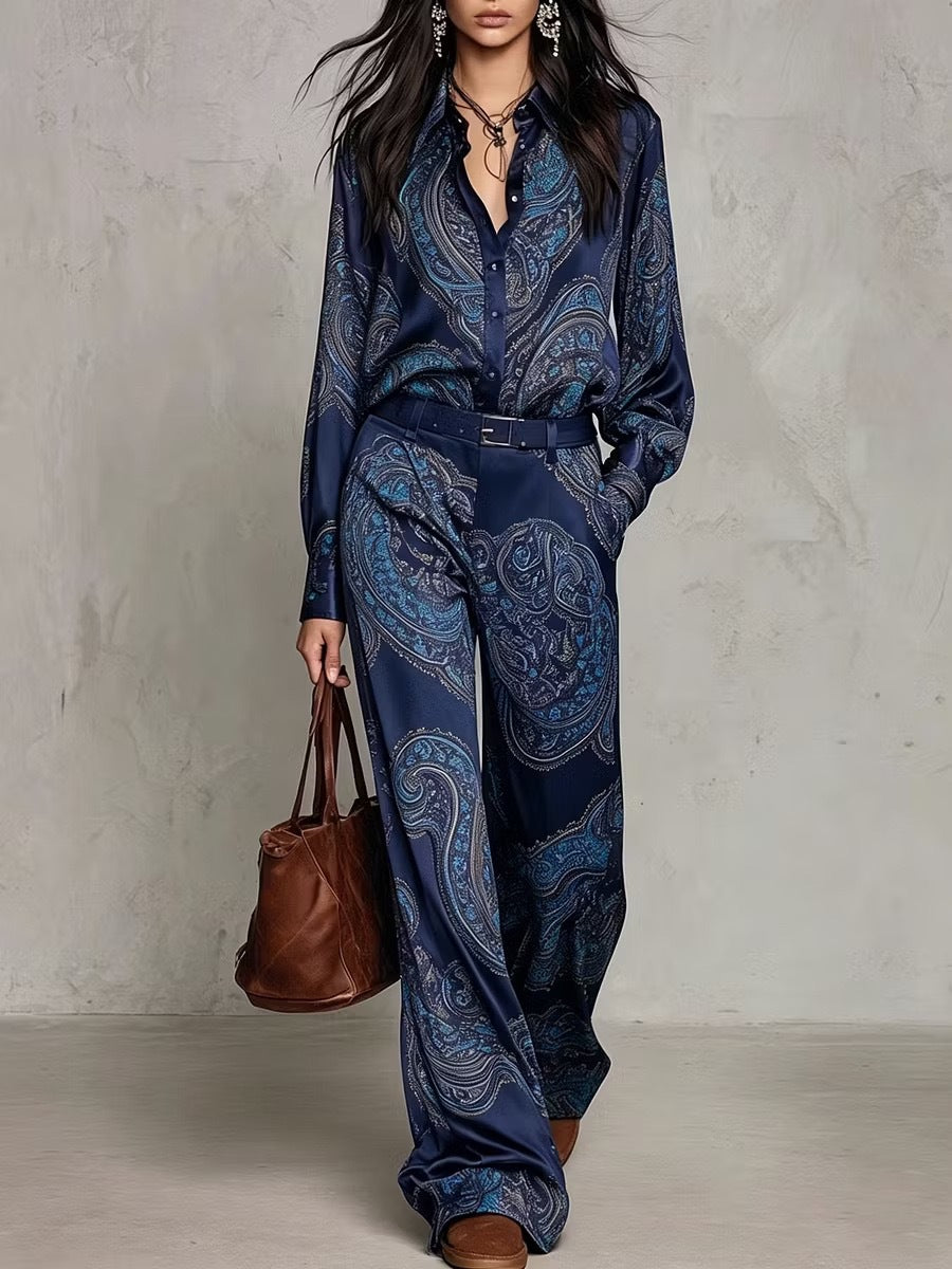 Women's Paisley Print Shirt and Wide-Leg Pants Two-Piece Set