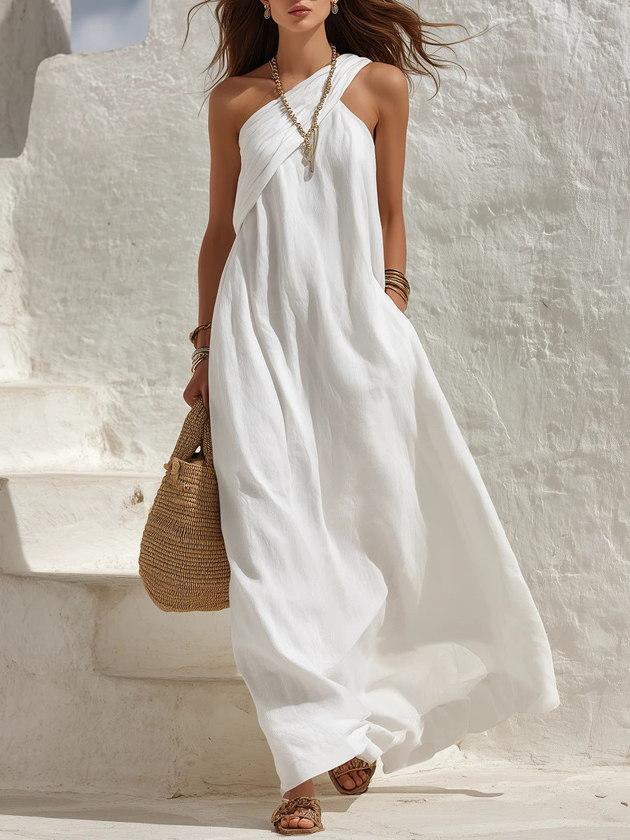 Womens Sleeveless One Shoulder Backless Solid Color Dress