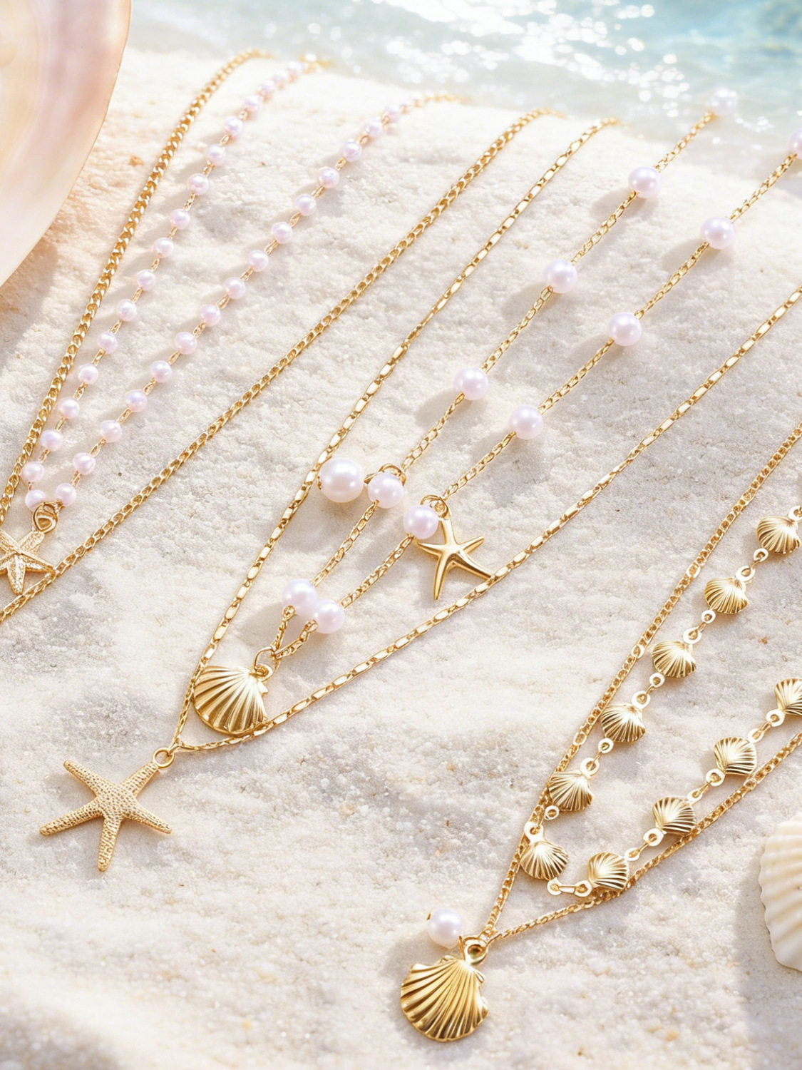 Layered Shell Pearl Starfish Pendant Bohemian Necklace