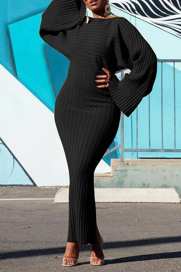 Women's Ribbed Knit Long Sleeve Bell Sleeve Bodycon Dress