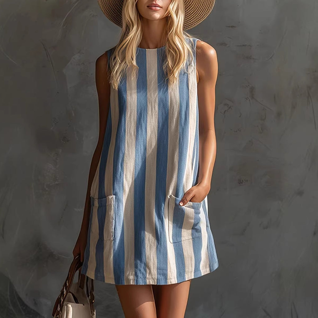 Retro Striped Sleeveless Round Neck Cotton and Linen  Dress