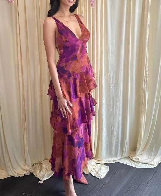 Women's Summer Floral Printed V-Neck Sleeveless A-Line Long Dress