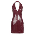 Women's Halterneck V-Neck Bodycon Dress with Glossy Leather-Like Finish