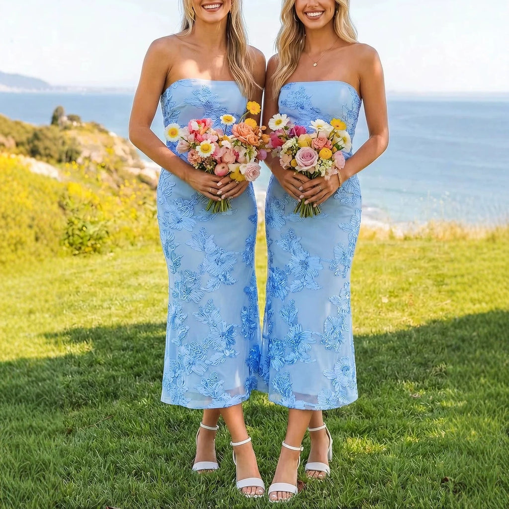 Womens Floral Strapless Midi Dress