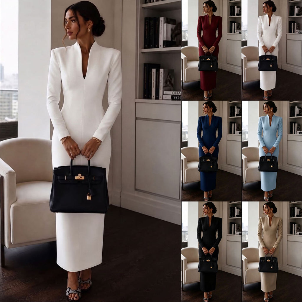 Women's Elegant Stand Collar V-Neck Long Sleeve Bodycon Dress