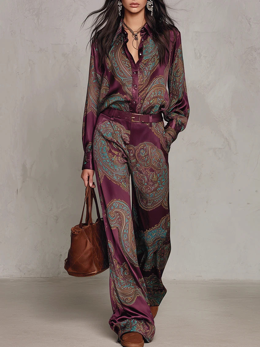 Women's Paisley Print Shirt and Wide-Leg Pants Two-Piece Set