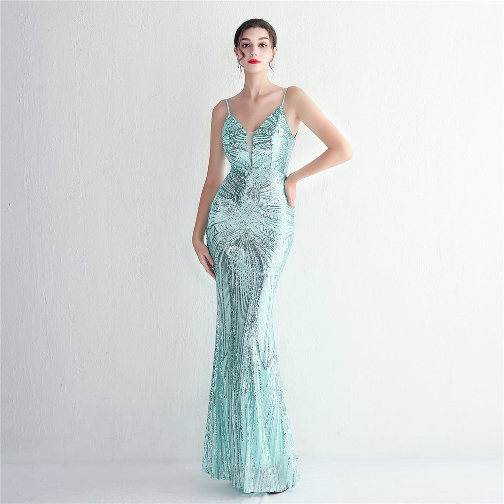 Elegant Sequined Evening Dress with Deep V-Neck