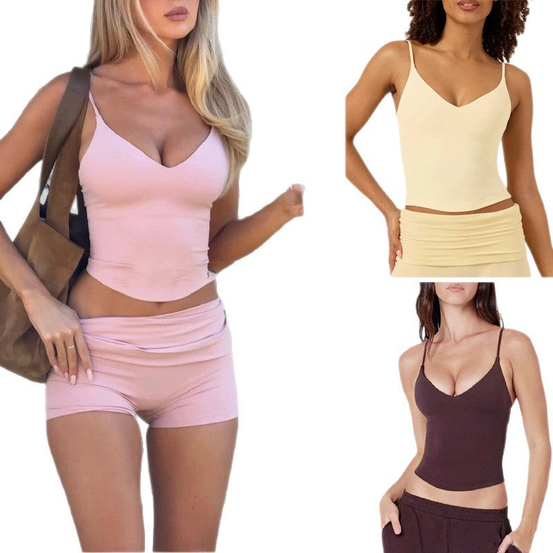 V-Neck Yoga Vest with Chest Pad Butt-Lifting Shorts